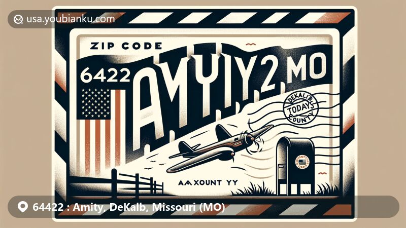 Modern illustration of Amity, DeKalb County, Missouri, featuring airmail envelope with ZIP code 64422, stamp, postmark, and American mailbox, incorporating local symbols like state flag and agricultural motifs.