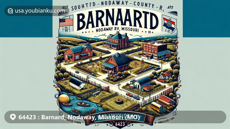 Modern illustration of Barnard, Nodaway County, Missouri, capturing the essence of small-town charm and community spirit, featuring Barnard Park, playground, and annual Barnard Picnic, highlighting South Nodaway R-IV School District and postal elements with ZIP code 64423.