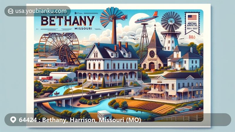 Modern illustration of Bethany, Harrison County, Missouri, featuring Edna Cuddy Memorial House and Gardens, historic steam mill, industrial park, Bethany Memorial Airport, Bethany Falls Limestone formation, and Missouri state symbols.