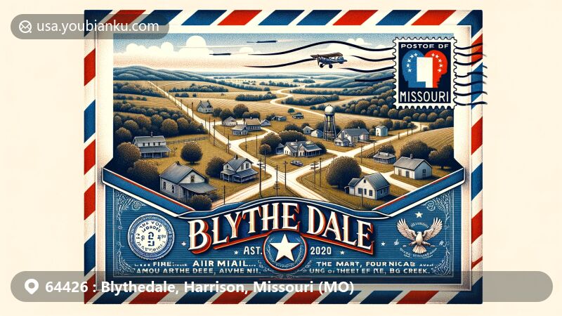 Modern illustration of Blythedale, Harrison County, Missouri, featuring vintage air mail envelope design with traditional blue and red stripes, rural landscape at the crossroads of Missouri routes N and T near East Fork of Big Creek, emphasizing close-knit community feel.