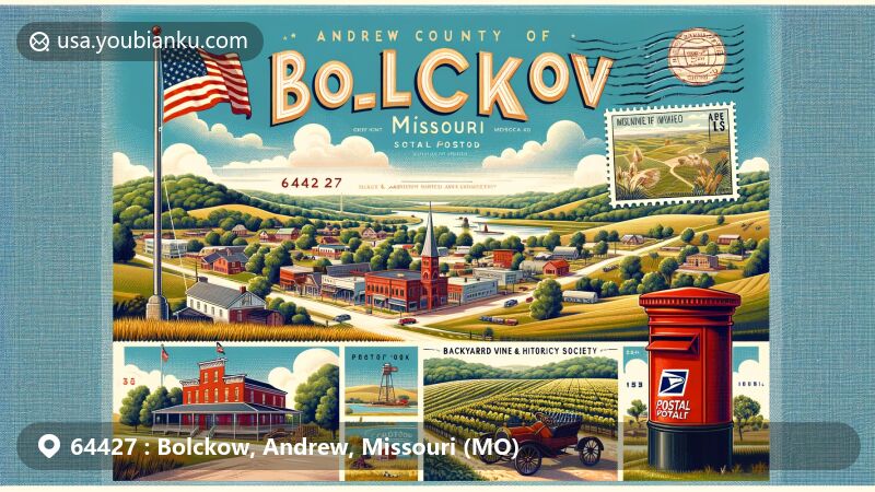 Modern illustration of Bolckow, Missouri, showcasing postal theme with ZIP code 64427, featuring Andrew County Museum, Historical Society, vineyard scene, and classic postal elements.