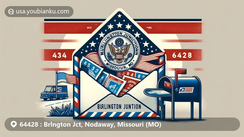 Modern illustration of Burlington Junction, Missouri, seamlessly blending postal theme with state flag elements, showcasing zip code 64428 and postal culture ambiance.
