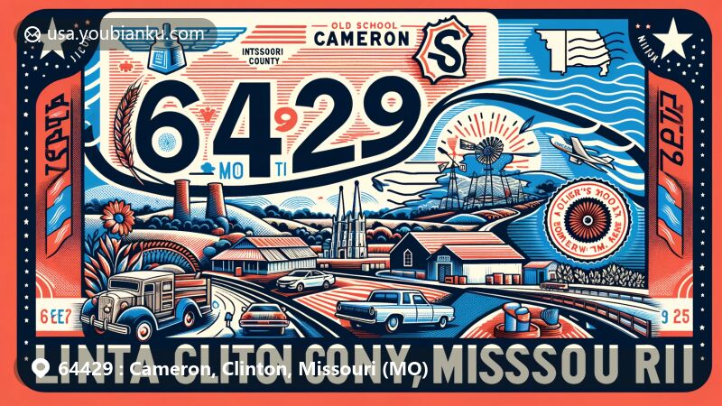 Modern illustration of Cameron, Clinton County, Missouri, featuring ZIP code 64429, showcasing 'Crossroads of the Nation' with Interstate 35 and US Highway 36 intersection, Missouri outline, and local landmarks like Old School Farmer's and Maker's Market.