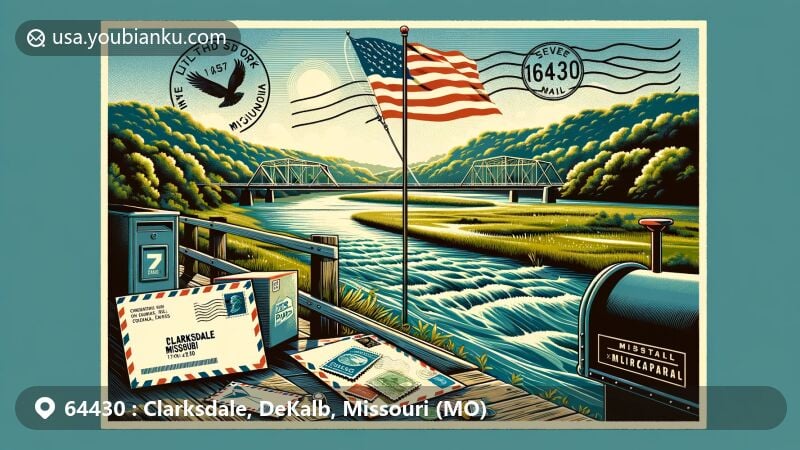 Modern illustration of Clarksdale, Missouri, showcasing postal theme with ZIP code 64430, featuring Little Third Fork of the Platte River and Missouri state flag.