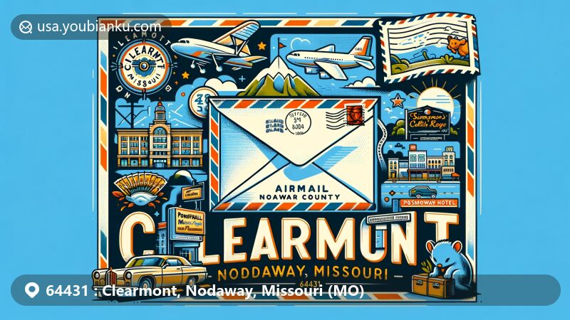 Modern illustration of Clearmont, Nodaway County, Missouri, highlighting airmail theme with ZIP code 64431, featuring Possum Walk Hotel and Simpson's College symbols.