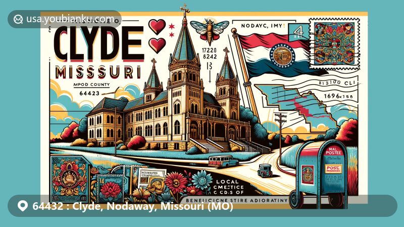 Modern illustration of Clyde, Nodaway County, Missouri, showcasing postal theme with ZIP code 64432, featuring Benedictine Convent of Perpetual Adoration, Missouri state flag, and Nodaway County outline.