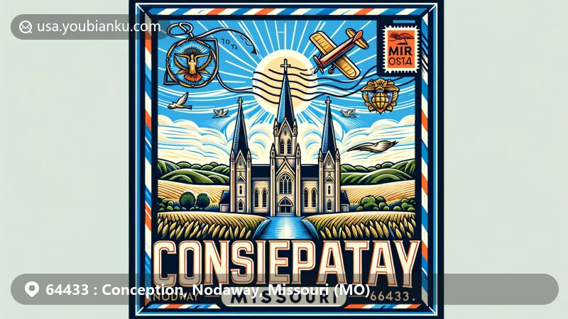 Modern illustration of Conception, Nodaway County, Missouri, featuring a postal theme with ZIP code 64433, showcasing Conception Abbey, rural landscape, and Irish Catholic heritage.