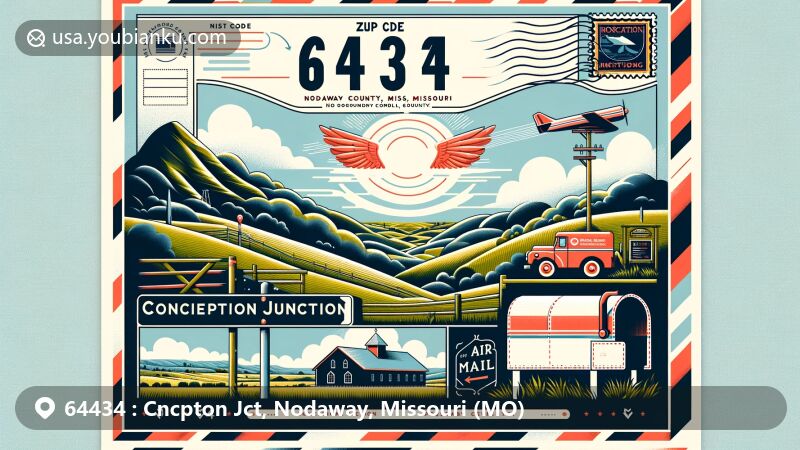 Modern illustration of Conception Junction, Nodaway County, Missouri, showcasing postal theme with ZIP code 64434, featuring rolling hills, rural landscapes, and Conception Abbey.