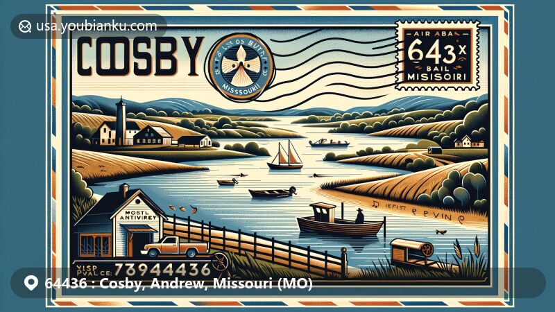 Modern illustration of Cosby, Missouri, representing ZIP code 64436 with an air mail envelope design. Depicts tranquil rural setting, fishing, boating, and small-town ambiance, set against Missouri's countryside near Missouri River, emphasizing outdoor activities and community spirit.