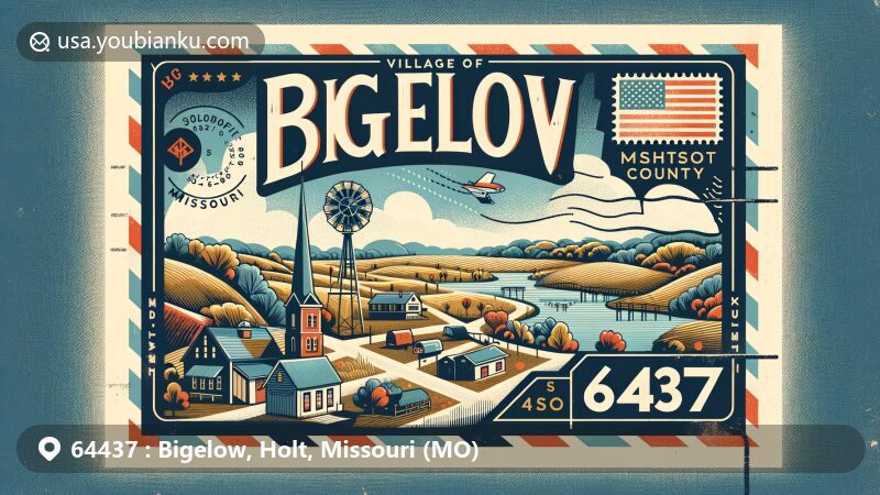 Modern illustration of Bigelow, Holt County, Missouri, with ZIP code 64437, highlighting Missouri state flag, Holt County outline, and vintage postal elements.
