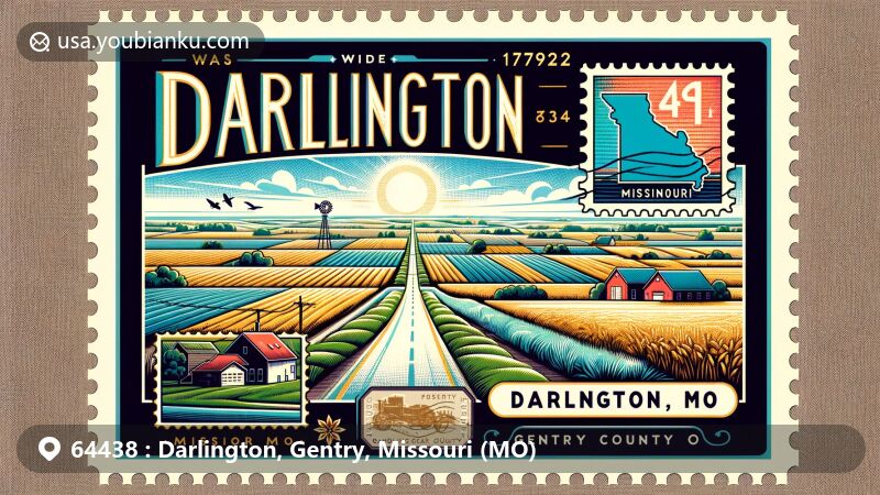 Modern illustration of Darlington, Gentry County, Missouri, highlighting rural charm with country road and farmhouses, framed in postcard style with stamps and postmarks for ZIP code 64438.