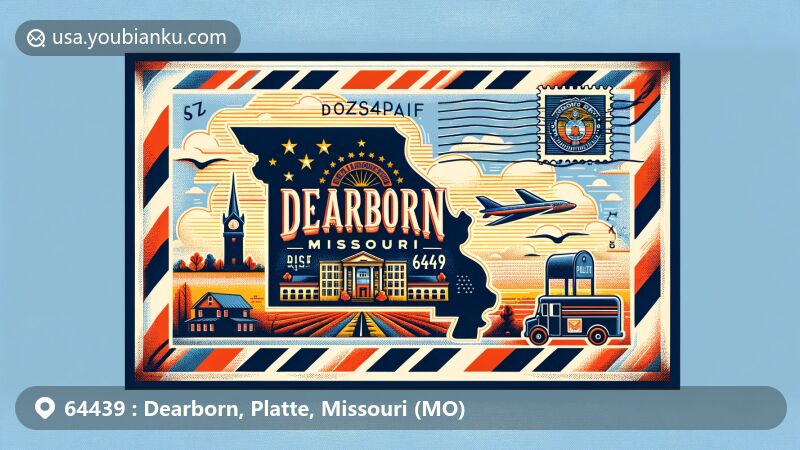 Modern illustration of Dearborn, Missouri, featuring ZIP code 64439, with silhouette of Missouri and Platte County highlighted, vintage-style airmail envelope design, including a landmark or cultural symbol, airmail stripes, Missouri state flag stamp, and postal element like a mailbox or truck. Vibrant and eye-catching.