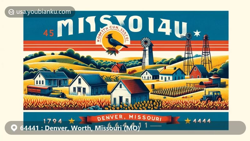 Modern illustration of Denver, Worth County, Missouri, featuring postal theme with ZIP code 64441, blending small-town charm, state symbols, and postage elements.