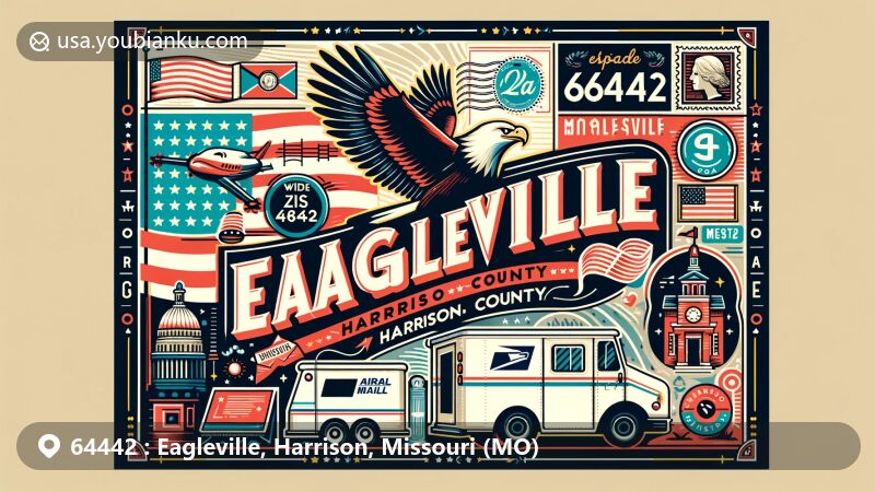 Modern illustration of Eagleville, Harrison County, Missouri, representing ZIP code 64442, showcasing local charm with stylized map of Harrison County, Missouri state flag, vintage postcard design, air mail envelope, stamps, and postal truck.