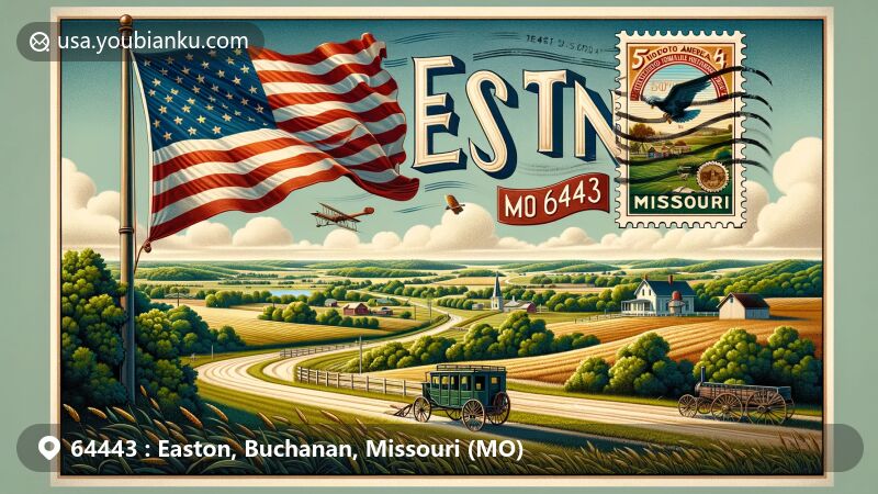 Modern illustration of Easton, Missouri 64443, merging postal elements with regional scenery, showcasing Missouri state flag and rural landscapes.