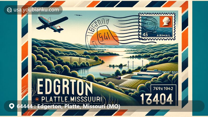 Modern illustration of Edgerton, Platte County, Missouri, showcasing postal theme with ZIP code 64444, featuring Smithville Reservoir and rural landscapes, representing the area's natural beauty and tranquility.