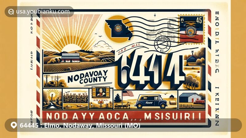 Modern illustration of Elmo, Nodaway County, Missouri, showcasing postal theme with ZIP code 64445, featuring Missouri state flag, Nodaway County outline, rural landscape, airmail envelope, vintage postage stamp, and small-town vibe.