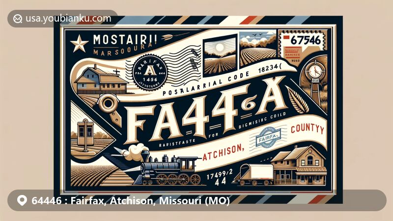 Modern illustration of Fairfax, Atchison County, Missouri, highlighting ZIP code 64446 and postal theme, incorporating Missouri state flag, Atchison County outline, and Fairfax's railroad heritage symbols.