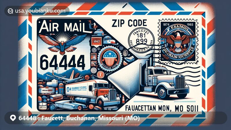 Modern illustration of Faucett, Buchanan County, Missouri, resembling an air mail envelope with Missouri state flag, Buchanan County outline, and local landmarks, featuring iconic 1974 Peterbilt truck, 1965 Fruehauf trailer, and 1891 Faucett post office stamp.