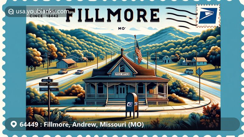 Modern illustration of Fillmore, Missouri, capturing its postal heritage with a blend of vintage and contemporary elements against a backdrop of Ozarks landscapes, featuring an old post office, modern mailbox, and Missouri state flag.
