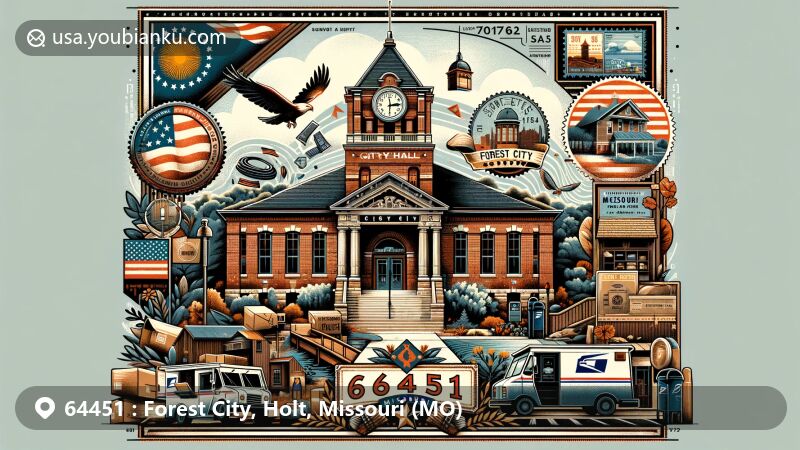 Modern illustration of Forest City, Holt County, Missouri, representing ZIP code 64451, with City Hall featuring a historic brick building and square clock tower, surrounded by nature elements. Includes vintage postage stamp frame, postal carrier vehicle, and Missouri state flag in the background.