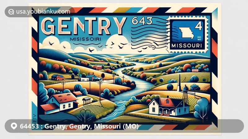 Modern illustration of Gentry, Gentry County, Missouri, representing ZIP code 64453, featuring peaceful village on Middle Fork of the Grand River with rolling hills, lush greenery, and creative postal elements.