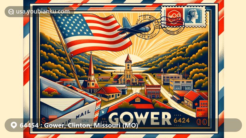 Modern illustration of Gower, Clinton, Missouri, showcasing postal theme with ZIP code 64454, featuring local landmarks and cultural symbols, including historic buildings, churches, schools, and youth activities, with Missouri state flag in the background.