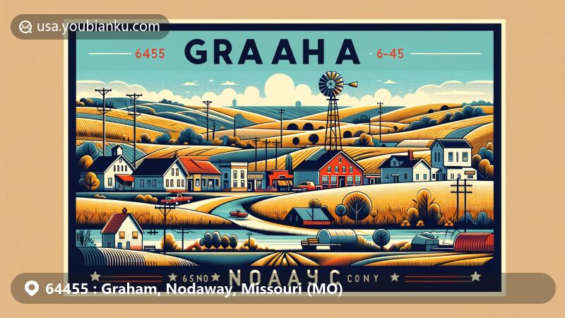Modern illustration of Graham, Nodaway County, Missouri, showcasing ZIP code 64455, featuring Nodaway-Holt R-VII School District, Missouri state symbols, and postal theme.
