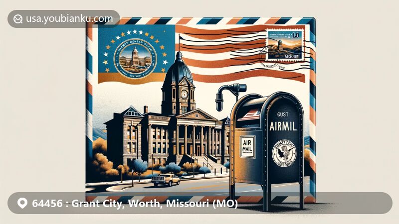 Modern illustration of Grant City, Missouri, with silhouette of Worth County Courthouse, Missouri state flag, and map of Grant City, featuring airmail envelope with stamp of courthouse and American-style mailbox.