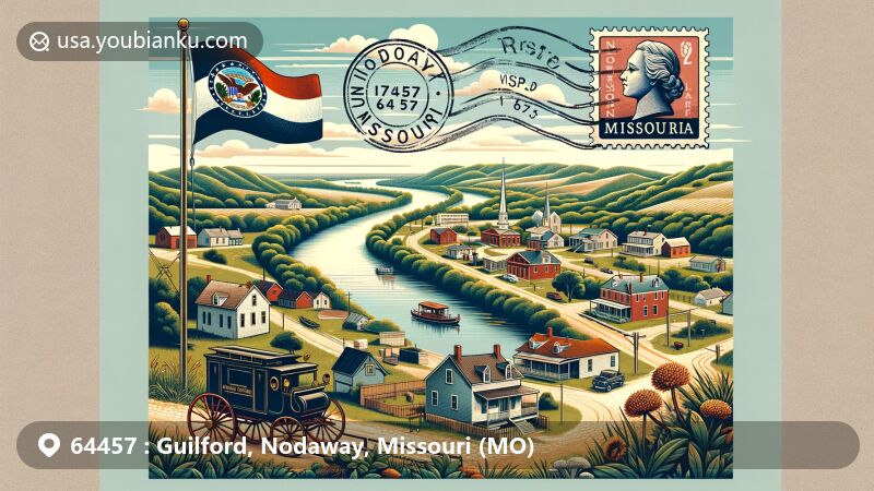 Modern illustration of Guilford, Missouri, Nodaway County, featuring tranquil rural scene with historical essence and postal elements like Missouri state flag, Nodaway County outline, vintage postcard, stamps, and postmark with ZIP code 64457.