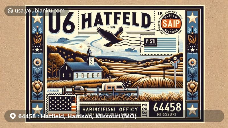 Modern illustration of Hatfield, Harrison County, Missouri, featuring iconic post office and rural landscape, with vintage postal theme and Missouri state symbols.
