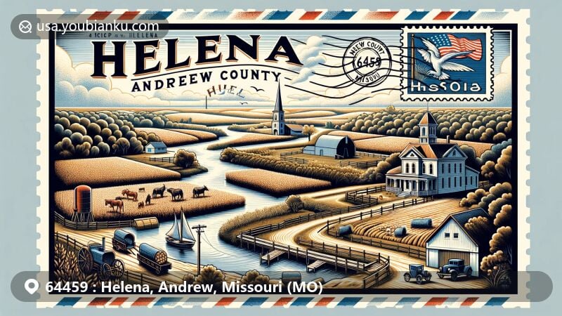 Modern illustration of Helena, Andrew County, Missouri, ZIP code 64459, featuring rural landscape with glacial plains, livestock, grain, and fruit farms, One Hundred and Two River, Platte River, Andrew County Courthouse, Savannah, vintage postcard motif with airmail envelope border, ZIP code stamp, Missouri state flag, and postmark.