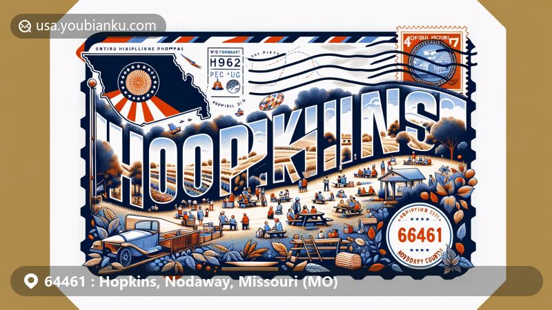 Modern illustration of Hopkins, Nodaway County, Missouri, featuring postal theme with ZIP code 64461, showcasing annual Hopkins Picnic scene with community unity, Missouri's state flag, and agricultural elements.