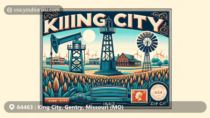 Modern illustration of King City, Missouri, showcasing vintage postcard design with iconic landmarks and postal elements, honoring the city's bluegrass seed production history and renewable energy contributions.