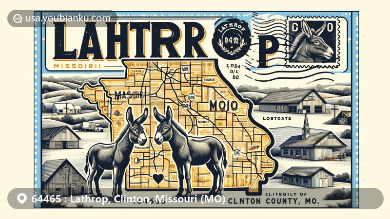 Modern illustration of Lathrop area in Clinton County, Missouri, depicting its unique history as the 'Mule Capital of the World', featuring symbolic mule patterns to commemorate Lathrop's heritage, integrated with the outline of Clinton County in Missouri, showcasing Lathrop's geographical location, creatively incorporating postal elements like stamps and postmarks, with the postal code 64465 and 'Lathrop, MO' text.