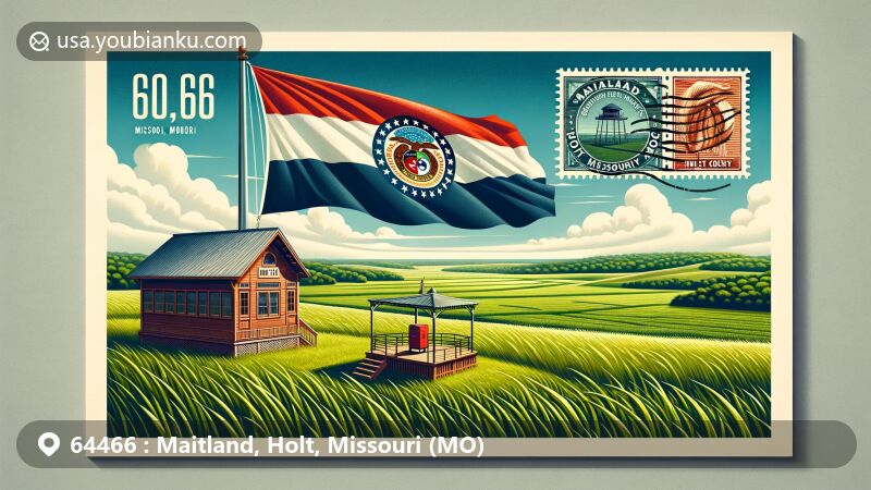 Modern illustration of Maitland, Holt, Missouri, showcasing postal theme with ZIP code 64466, featuring Missouri state flag and bluegrass farm.