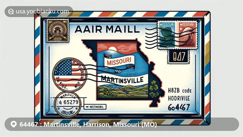 Modern illustration of Martinsville, Harrison County, Missouri, melding state and postal elements, featuring outline of Missouri, state flag, stamp with rural landscape, ZIP code 64467, and postmark.