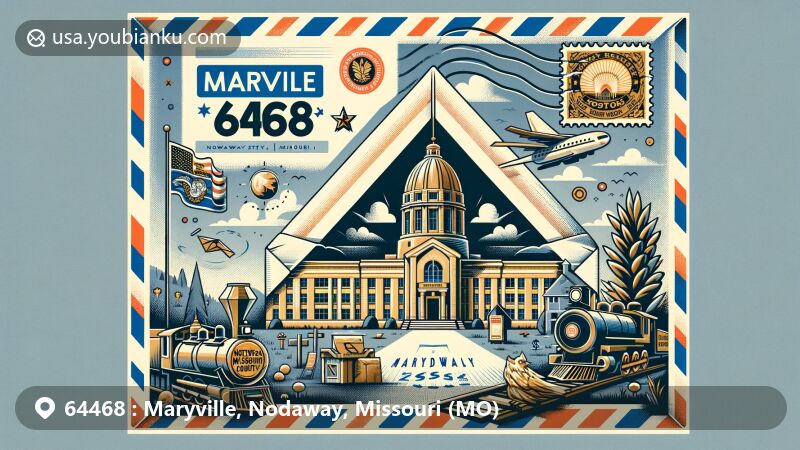 Modern illustration of Maryville, Nodaway County, Missouri, showcasing postal theme with ZIP code 64468, featuring Northwest Missouri State University and local cultural symbols.