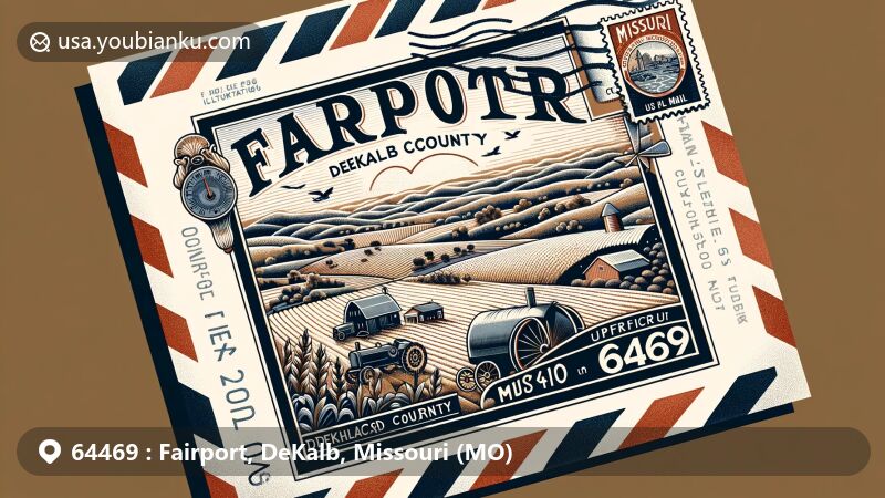 Modern illustration of Fairport, DeKalb County, Missouri, capturing the essence of rural beauty with rolling hills, farmlands, and local flora, featuring vintage air mail envelope and postcard showcasing Missouri state flag and DeKalb County map outline.