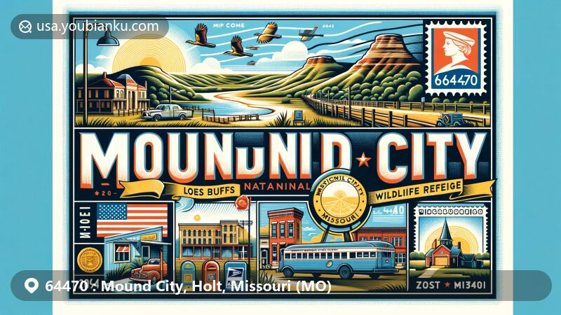 Modern illustration of Mound City, Missouri, representing ZIP code 64470, incorporating postal elements with Loess Bluffs National Wildlife Refuge backdrop.
