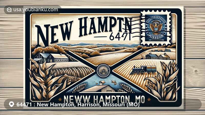 Modern illustration of New Hampton, Harrison County, Missouri, featuring vintage airmail envelope with ZIP code 64471, showcasing rolling hills, farmland, and Missouri state symbols.