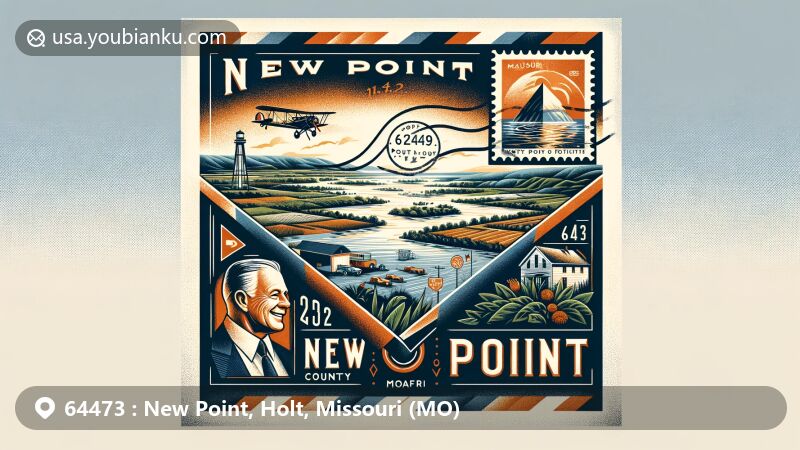 Modern illustration representing ZIP Code 64473, New Point area in Holt County, Missouri, blending local and postal themes with agricultural landscape, 2019 Midwestern floods, and state symbols.