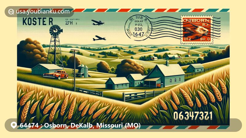 Modern illustration of Osborn, DeKalb County, Missouri, featuring postal theme with ZIP code 64474, showcasing rural charm, Osborn R-0 School District Wildcats colors, and area code 816.