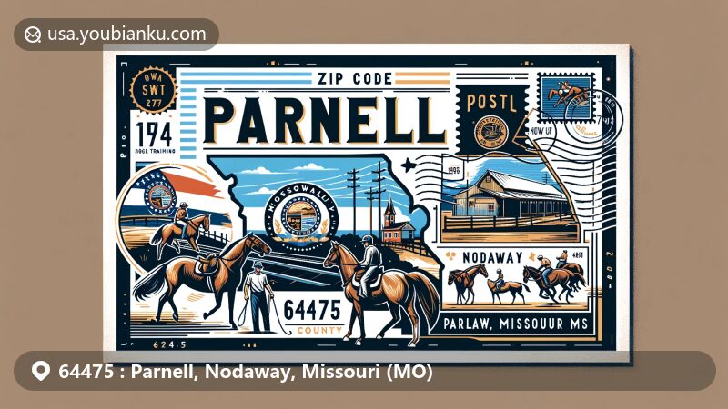 Modern illustration of Parnell, Nodaway, Missouri, featuring ZIP code 64475, Missouri state flag, Nodaway County outline, and symbols of horse training heritage. Postcard-style image with postal elements like stamps and postmarks, showcasing the '64475' ZIP code prominently.