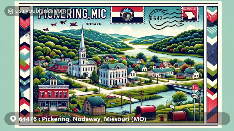 Modern illustration of Pickering, Nodaway County, Missouri, capturing the serene natural beauty with lush forests, rolling hills, and scenic lakes and rivers, symbolized by the Missouri state flag. Postal theme includes stamps, postmark, ZIP code 64476, mailbox, and postal van in a postcard-like design.
