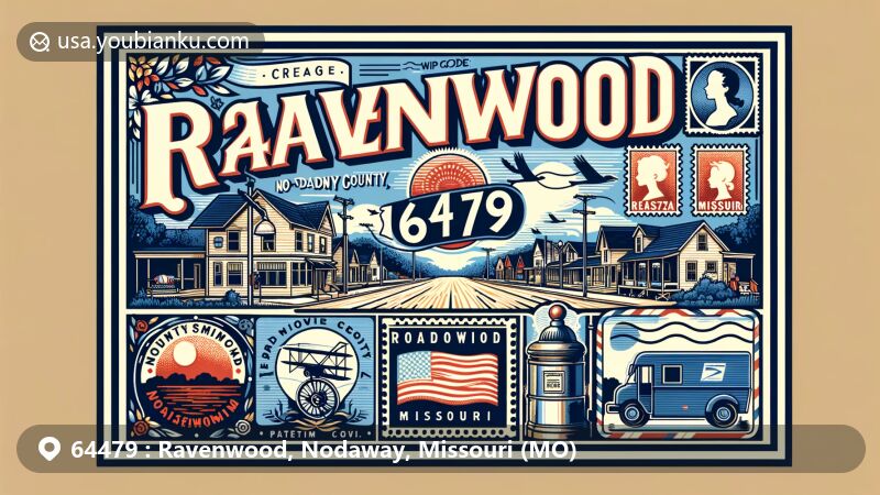 Modern illustration of Ravenwood, Nodaway County, Missouri, showcasing postal theme with ZIP code 64479, featuring Platte River and region's cultural symbols.