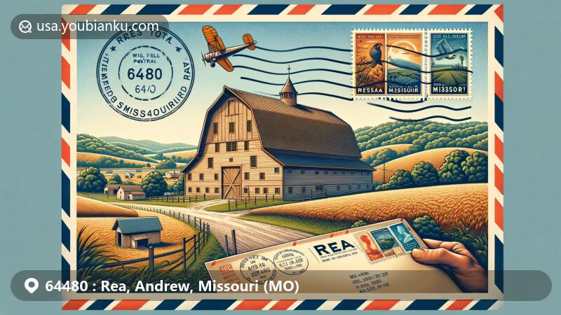 Modern illustration of Rea, Missouri, showcasing postal theme with ZIP code 64480 and octagonal barn, featuring state symbols like Missouri's flag and the Eastern Bluebird.