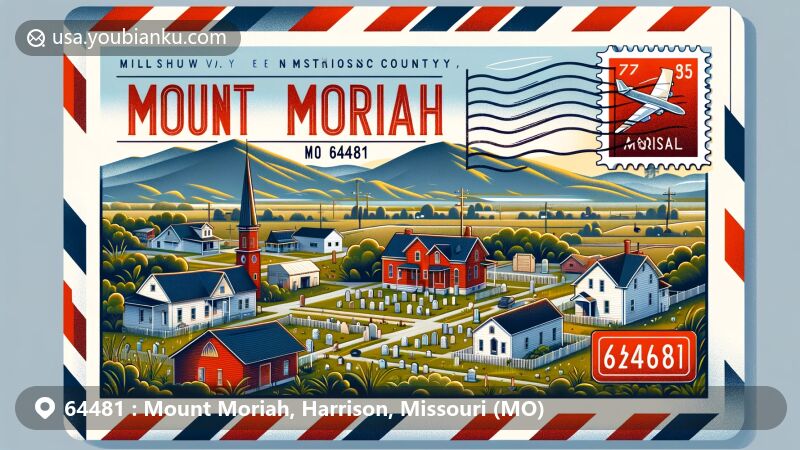 Modern illustration of Mount Moriah, Harrison County, Missouri, capturing rural charm of a town with only 75 residents, reflecting essence of traditional American rural community. Featuring Mount Moriah Cemetery, local landscapes of Thompson River Bottoms, and traditional buildings or landmarks representing Midwestern small town life. Set in an airmail envelope symbolizing ZIP code 64481 and postal heritage, with envelope adorned with stamps, postmark 'Mount Moriah, MO 64481,' and possibly a classic red mailbox. Bright and engaging colors ideal for website display, showcasing unique identity of Mount Moriah while paying tribute to its postal code and broader theme of American rural postal service.