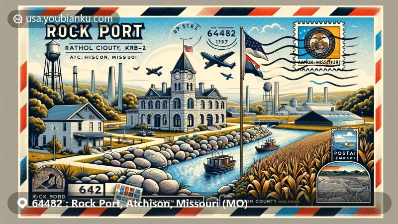 Modern illustration of Rock Port, Atchison County, Missouri, showcasing postal theme with ZIP code 64482, featuring Rock Creek, the Atchison County Memorial Building, and the John Dickinson Dopf Mansion.