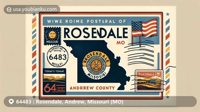 Modern illustration of Rosendale, Andrew County, Missouri, featuring vintage postcard design with ZIP code 64483, Missouri state flag, postmark, and stamp image.